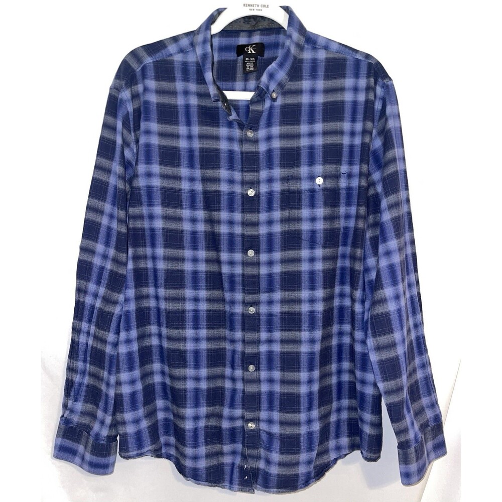 Calvin Klein Shirt Button Up Long Sleeve Purple Blue Black Plaid Men’s Size XL